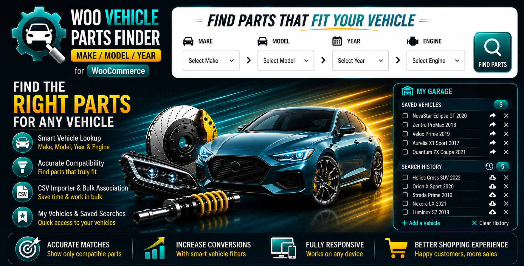The vehicle search form with make, model, year and engine dropdowns, alongside a saved vehicles panel