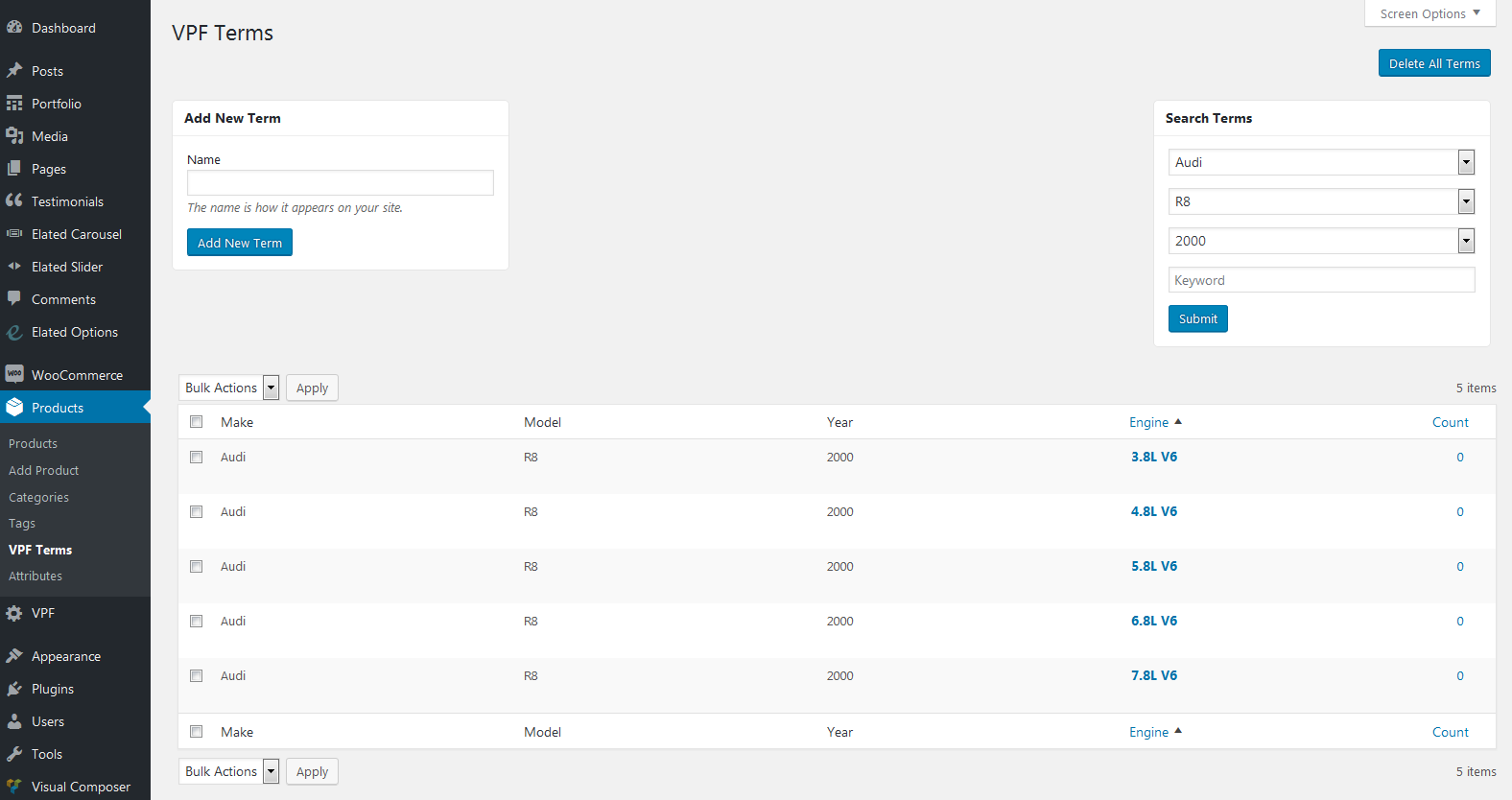 The VPF Terms admin screen listing makes, models, years and engines with a search panel