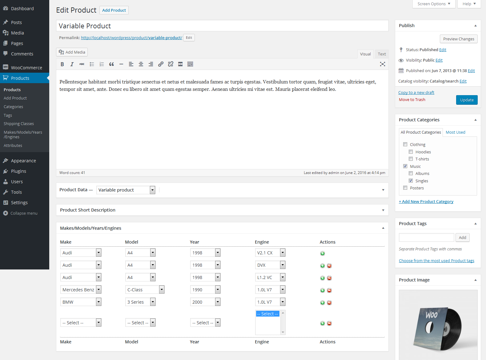 A product edit screen with the VPF Terms box listing vehicle rows