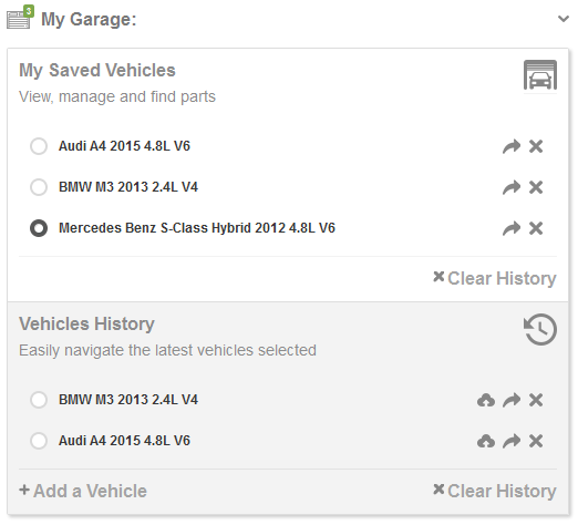 The My Garage panel showing saved vehicles and recent vehicle history