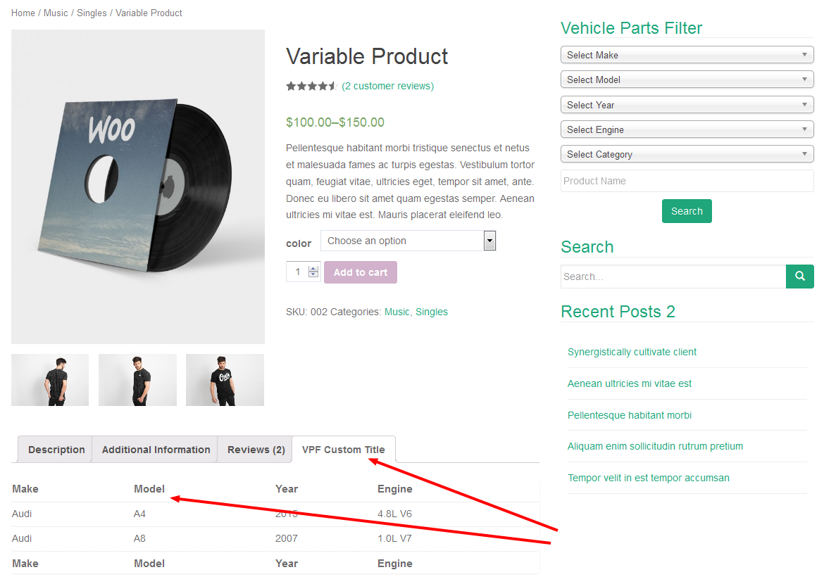 A product page with an extra tab listing compatible makes, models, years and engines